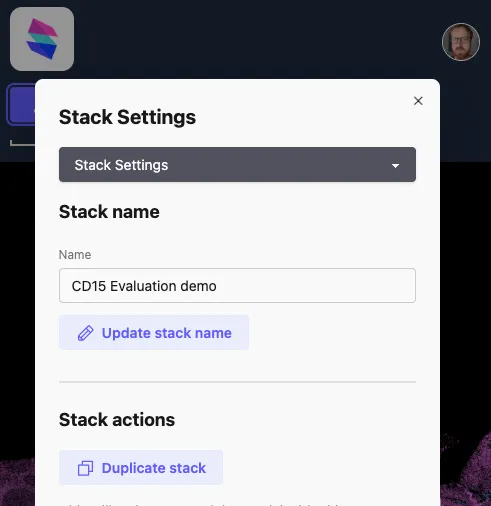 The Stack Manager on a small screen, with its submenu at the top.
